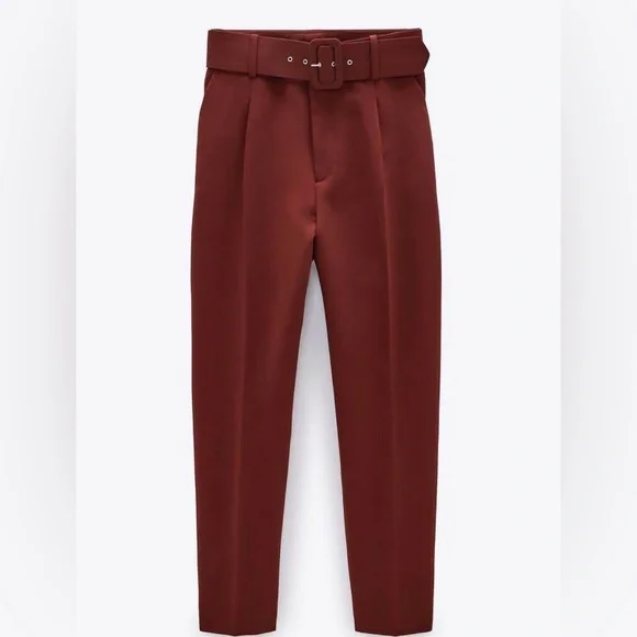 Zara burgundy high waist pants with fabric covered belt sz small